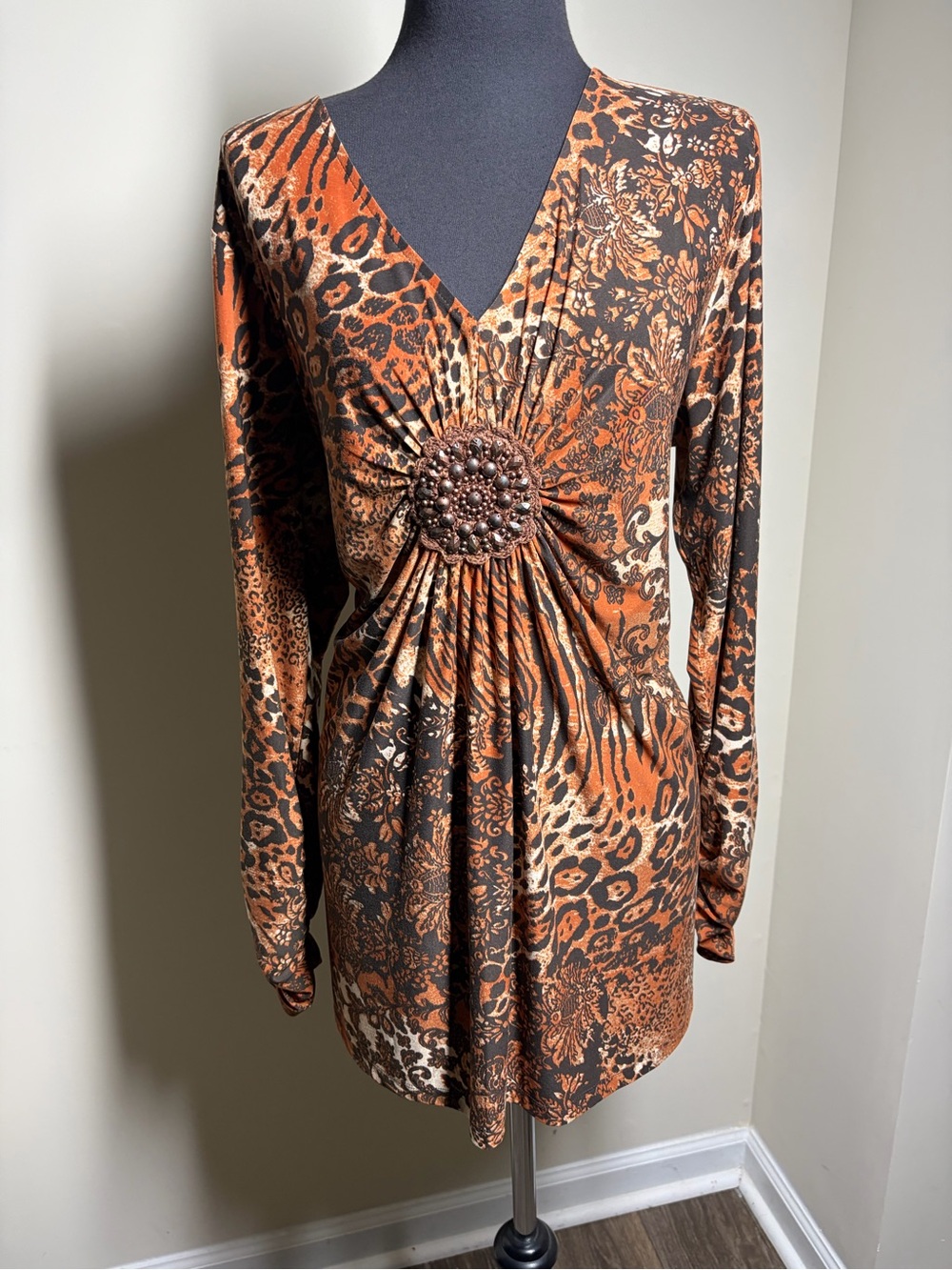 Rafaella Brown and Orange Long-Sleeve V-Neck Tunic with Decorative Medallion